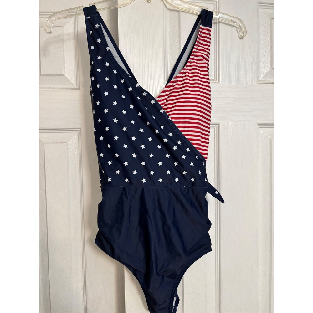 Berkley Jensen Womens American Flag One Piece Swimsuit Stars Stripes Navy Blue L